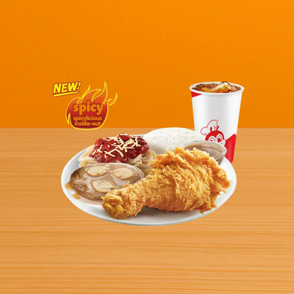 Jollibee Super Meal Menu & Prices in the Philippines (2025) – Best Combos & What’s Inside: 2 1 pc. Chickenjoy New Spicy Burger Steak Half Jolly Spaghetti Super Meal with Rice and Drink