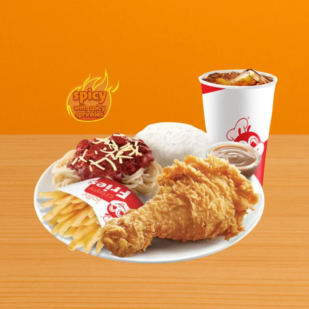 Jollibee Super Meal Menu & Prices in the Philippines (2025) – Best Combos & What’s Inside: 5 1 pc. Chickenjoy Spicy Regular Fries Half Jolly Spaghetti Super Meal with Rice and drink