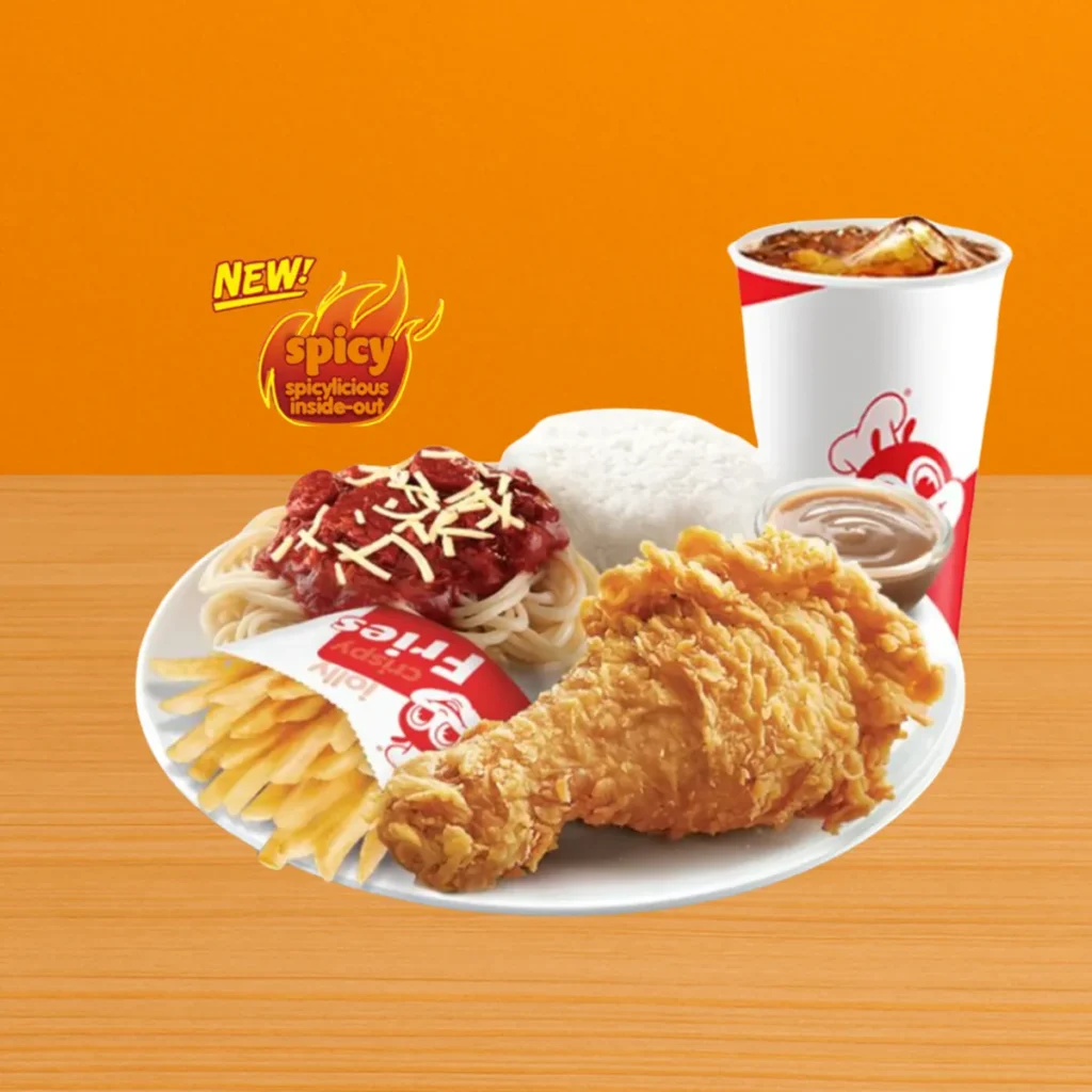 Jollibee Super Meal Menu & Prices in the Philippines (2025) – Best Combos & What’s Inside: 4 1 pc. New Spicy Chickenjoy Regular Fries Half Jolly Spaghetti Super Meal with Rice and Drink