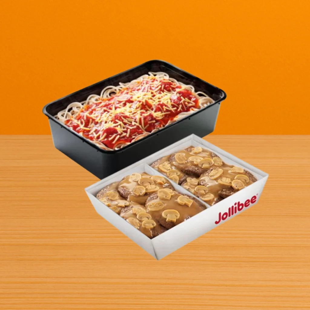 Inspect Jollibee Burger Steak Menu and updated Prices in Philippines (2025) 7 6 pc. Burger Steak w Jolly Spaghetti Family Pan