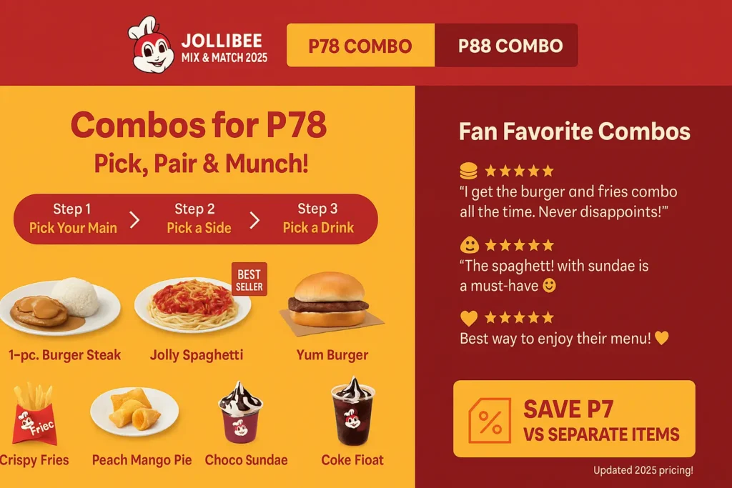 Jollibee Mix and Match ₱78 combo poster with spaghetti, burger steak, fries, sundae, and coke float (2025 Philippines)