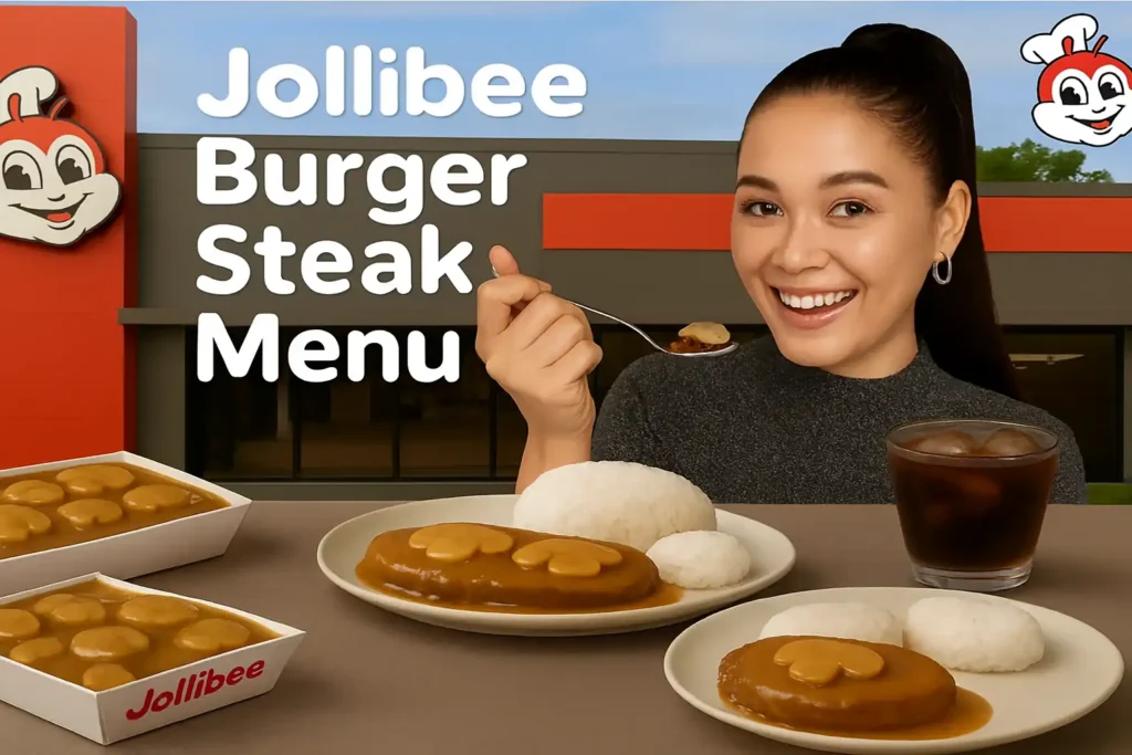 Inspect Jollibee Burger Steak Menu and updated Prices in Philippines (2025) 1 Jollibee Burger Steak Menu with rice, mushroom gravy, iced drink, and smiling woman enjoying the meal